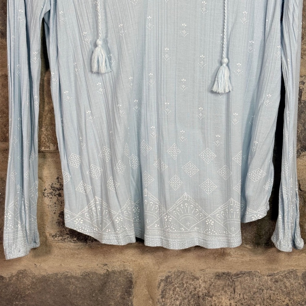 Lucky Brand Women's Blue Embroidered V-Neck Peasant Blouse Tassels Boho Large - Picture 8 of 12